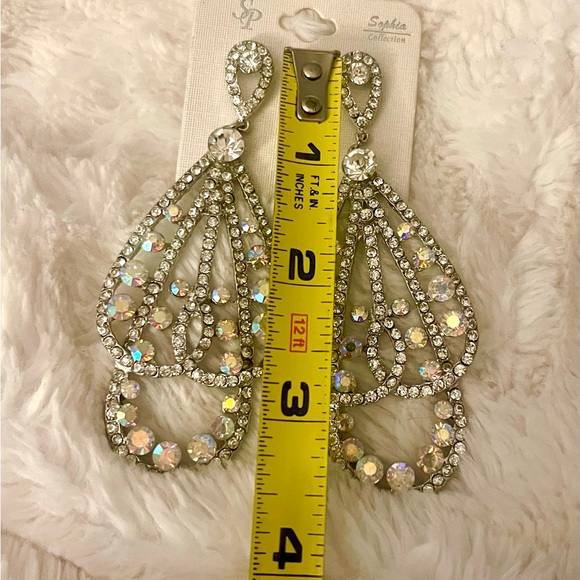 NWT Chandelier AB Crystals Dangle Pierced Earrings Wedding Prom Pageant - Picture 3 of 4